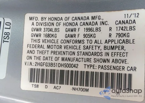 2013 Honda Civic Lx from USA, damaged, VIN 2HGFG3B51DH500042